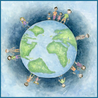 Illustration of people around the Earth